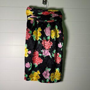 M.B.S. of California 100% Silk Floral Skirt Black with Bright Colors Sz 6 +Belt